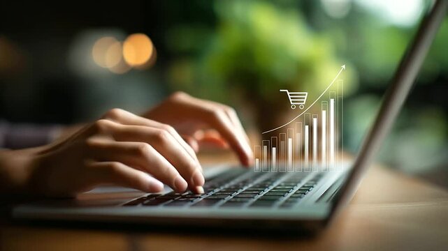 Faceless hands typing on laptop with upward bar chart and e commerce icon visualization symbolizing online sales growth trajectory digital marketing success business revenue inc