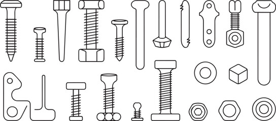 Fototapeta premium Metal fasteners outline vector set icon. one line art icon drawing vector