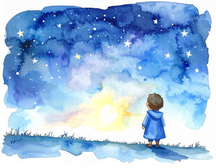 Naklejka premium A little boy in a cloak looks up at a magical night sky dotted with golden stars and a bright moon. A watercolor illustration full of dreams and childish imagination.