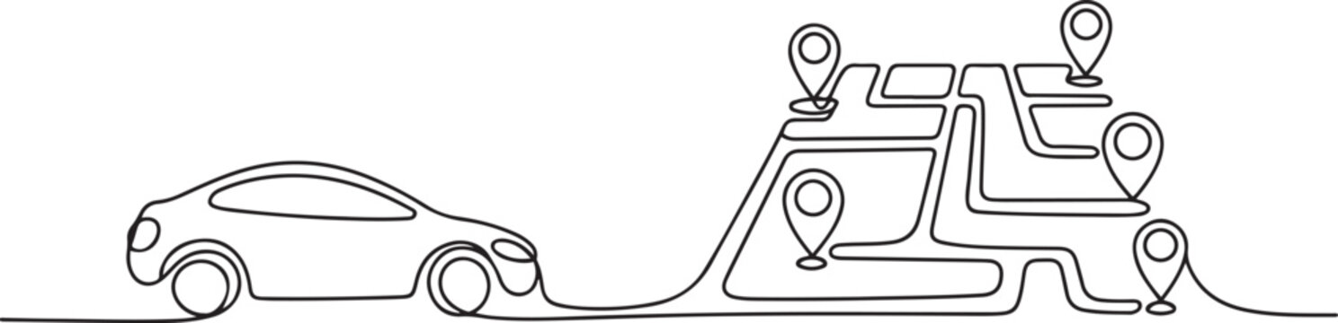 Continuous line drawing. travel by car with the google maps feature. one line art icon drawing vector