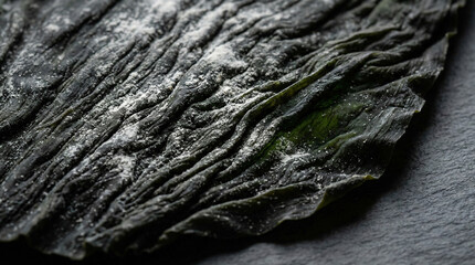Extreme macro of dark dried Kombu seaweed sheet showing mannitol