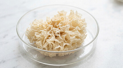 Macro of dried white Tremella snow fungus on clear glass bowl