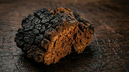 Chunk of raw Chaga mushroom showing corky orange interior and black crust