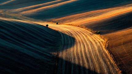 Harvested field aerial, textured post-harvest crop patterns illuminated by sunlight, emphasizing agricultural textures, natural patterns, and expansive farmland scenery.
