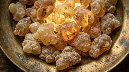 Macro of raw translucent Frankincense tears on aged brass burner