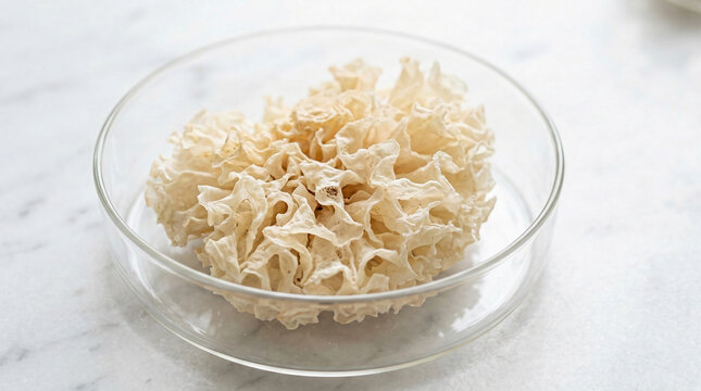 Macro of dried white Tremella snow fungus on clear glass bowl