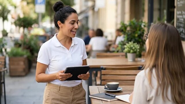 Smiling cafe server taking customer's order with a digital tablet at an outdoor patio table.