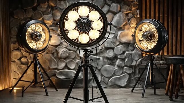 Three studio spotlights on tripods in front of a stone wall.