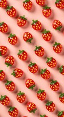 Fototapeta premium Pattern of red strawberries with green leaves arranged on a pink background