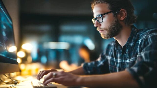 Faceless content creator using computer for digital marketing containing search engine optimization website content e commerce platform social media management artificial intel