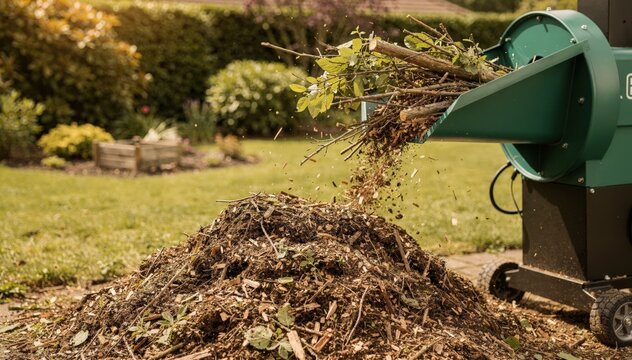 Electric wood chipper shredding tree trimmings and garden debris capturing clean ecofriendly size reduction for backyard compost piles.