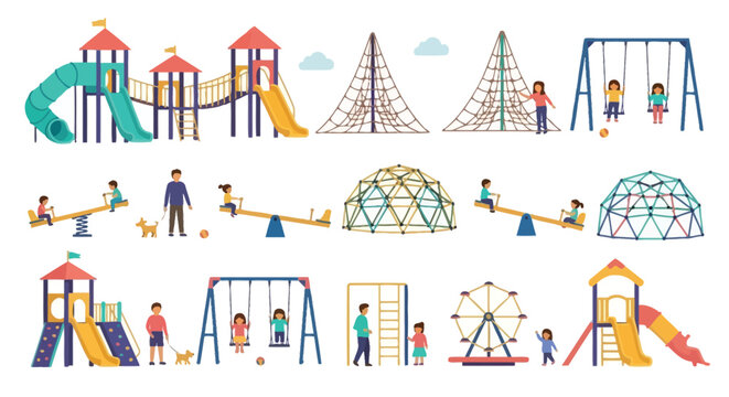 Colorful playground equipment and children playing outdoors in a park