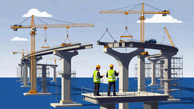 Construction workers inspecting bridge piers under development on a coastal highway infrastructure project over water
