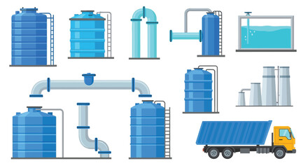 Various water storage tanks pipes and a blue dump truck illustration © Md Anisur Rahman 