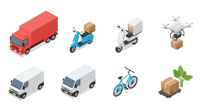 Isometric delivery vehicles and packages trucks scooters drones and bicycles