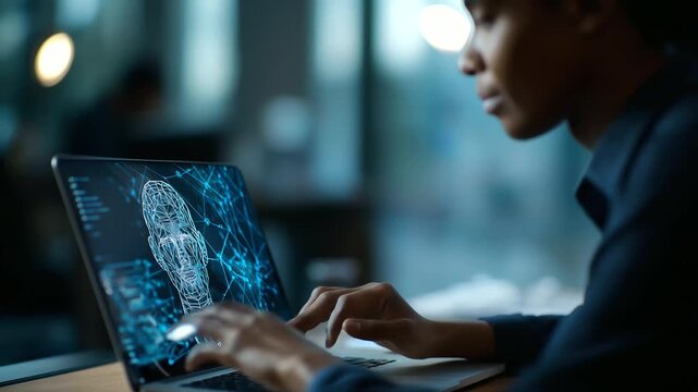 Faceless user interacting with facial recognition artificial intelligence system on laptop screen representing biometric authentication technology deepfake detection digital ide