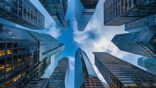 Low Angle View of Modern Skyscrapers Reaching for the Sky Generative AI