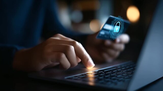 Faceless user interacting with secure digital payment interface on laptop screen concept of online transaction safety fintech platform technology financial technology system
