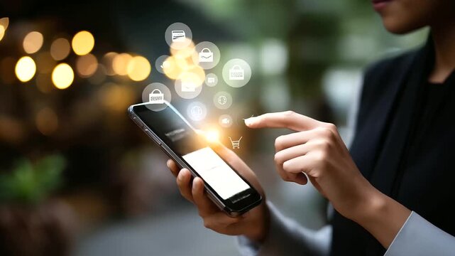 Faceless user selecting digital payment method on smartphone screen showing mobile banking options like credit card debit card symbols representing secure cashless transactions