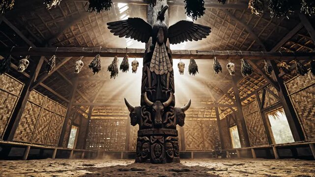 Ancient Tribal Longhouse Interior With Large Carved Totem Pole Detailed With Animal Skulls Hanging From Beams Sunlight Streams Through Roof in a Mystical Atmosphere
