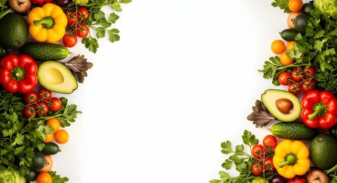 Vibrant fresh fruit and vegetable border on white background