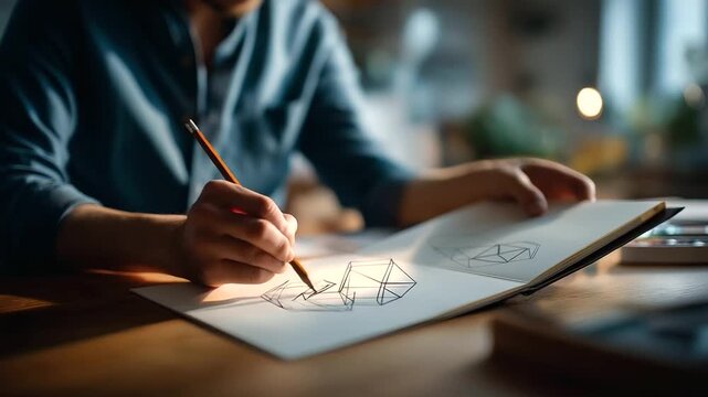 Student practicing pencil drawing of three dimensional geometric shapes in art sketchbook technical illustration skills perspective drawing practice spatial reasoning