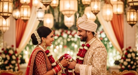 Fototapeta premium Indian man and woman exchange garlands at their wedding ceremony. Happy couple celebrating marriage. Traditional Hindu wedding and festive culture.
