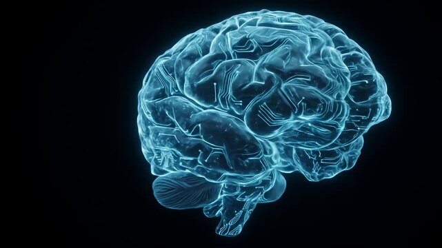 Glowing cyan human brain image on dark background, circuitry details depicted