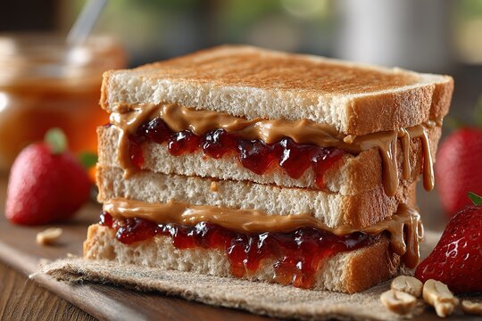 Close-up of a stacked peanut butter and jelly sandwich on a wooden board