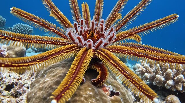 Detailed Underwater View of a Colorful Feather Star Sea Creature With Many Arms Extended Resting on Coral Reef in Blue Ocean Water