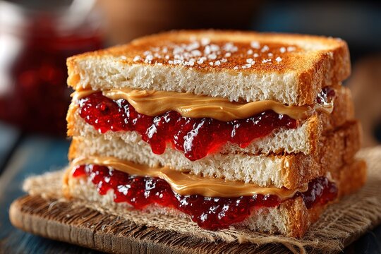 Close-up of a stacked peanut butter and jelly sandwich on a wooden board