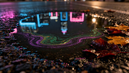Fototapeta premium Iridescent Oil Film Neon Puddle Autumn Leaves Night Street
