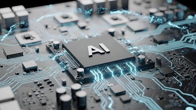 Artificial intelligence AI chip processing data on futuristic motherboard animation video, high speed digital computing network, machine learning technology background concept