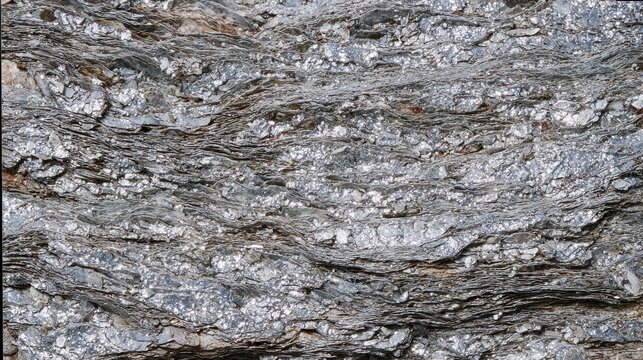 Mica schist texture, flaky shiny layers of silver mica embedded in rock, glittery geological texture