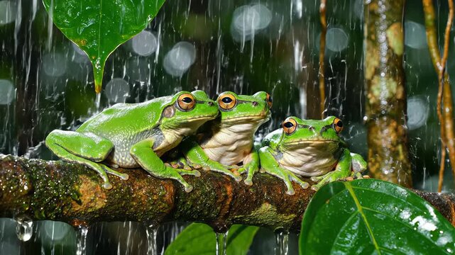 Three Vibrant Green Tree Frogs Huddled Together on a Mossy Branch During a Gentle Rainforest Downpour with Lush Green Foliage and Soft Bokeh Background
