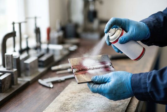 A welder in blue gloves applying red dye penetrant spray to inspect the quality of a weld on a metal plate