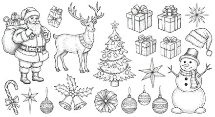 Black and white of Christmas including Santa Claus and a reindeer and a snowman presents © SnappyDesigns