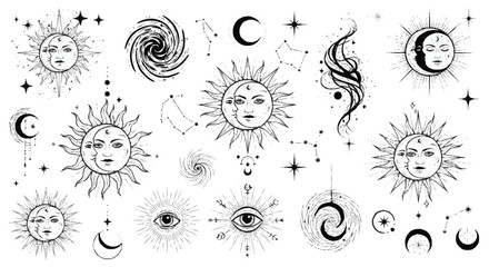Black and white celestial symbols suns moons stars constellations © Vector KIng
