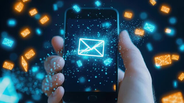Digital Communication: A close-up shot features a hand holding a smartphone, with a glowing email icon and digital message symbols, against a dark, tech-inspired backdrop.