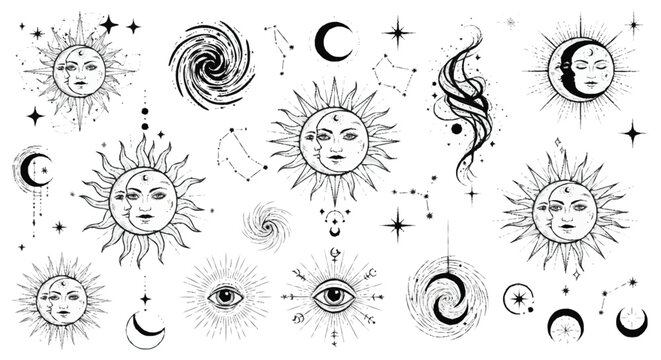 Black and white celestial symbols suns moons stars constellations