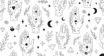 Enchanting seamless black and white pattern featuring mystical hands with celestial symbols, moon crescents, stars, diamonds, and botanical leaves.