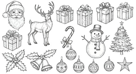 Black and white Christmas including Santa Claus head reindeer presents candy cane snowman tree © Stock Fire