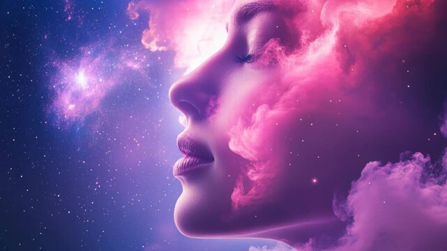 Mindscape: A serene portrait captures a woman's profile, her form merging with ethereal clouds and the cosmos, inviting contemplation of the boundless reaches of the mind and the universe.