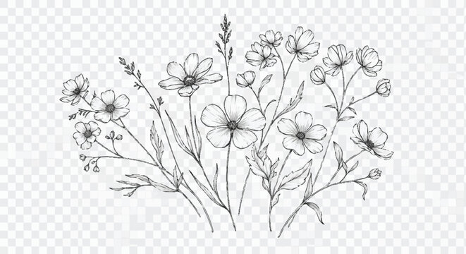 Black and white of a bouquet of wildflowers on transparent background