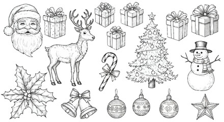 Black and white Christmas including Santa Claus head reindeer tree presents © Vector Art