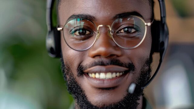 Support Agent's Smiling Face: A close-up view of a professional, smiling support agent wearing a headset and glasses. Radiating positivity, the image captures customer service excellence.