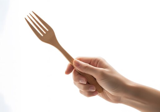 Closeup of a persons hand holding a wooden fork with tines pointing upwards isolated on white