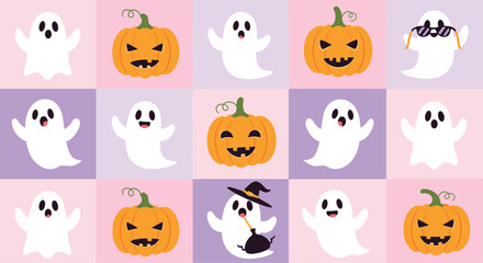 Obraz premium Halloween seamless pattern with cute ghosts and jack-o-lantern pumpkins on a checkered pink and purple background for spooky celebrations.