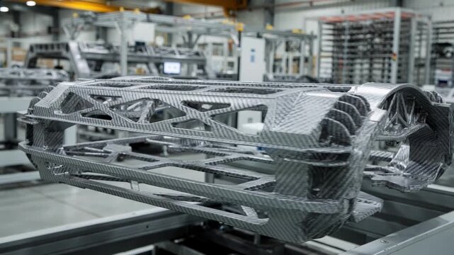 Medium shot of fiberreinforced composite chassis frame highlighting its lightweight structure and enhanced durability in an industrial setting.