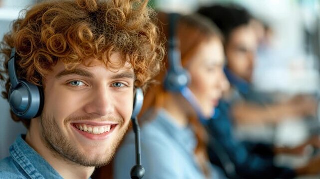 Cheerful Customer Support Representatives at Work: A team of smiling customer service representatives, each with a headset, diligently provide assistance to clients.